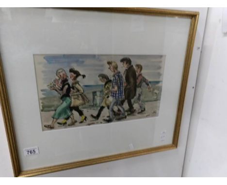 A watercolour by R James Mason 'Teddy boys chasing the girls' initialed RJM and dated 1954