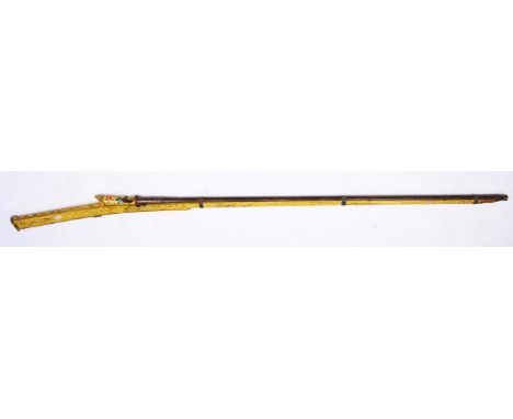 AN OLD KASHMIRI FLINT LOCK MUSKET with painted hunting scene decoration, 185cm long