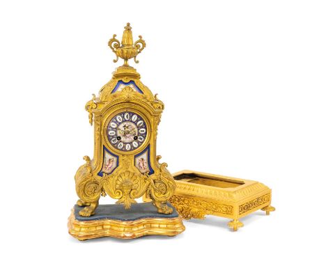 LOUIS XV GILT METAL &amp; PORCELAIN MOUNTED MANTEL CLOCK, Japy Freres 8-day movement striking a bell, on giltwood base, with 