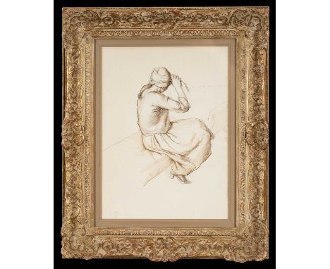 ‡ ARTHUR R. M. TODD (1891-1966) pen, ink, pencil and sepia wash - 'Girl Tying Up Her Hair', titled verso on John Davies galle