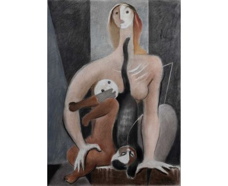 SANTOS BALMORI (Mexican, 1889-1992) pastel on paper, Mother, Child and Cat, cubist portrait, signed and date, 1983, 80 x 58cm