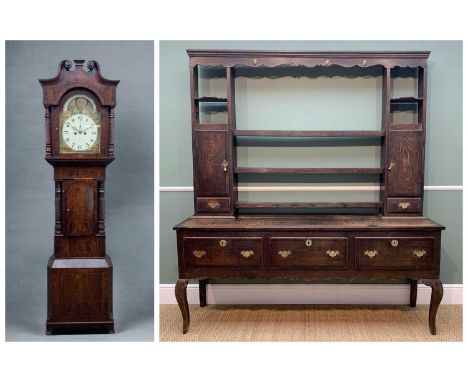 GEORGE III OAK & MAHOGANY CROSS-BANDED SHROPSHIRE DRESSER, shaped cornice above three shelves and flanking inlaid patera-cent