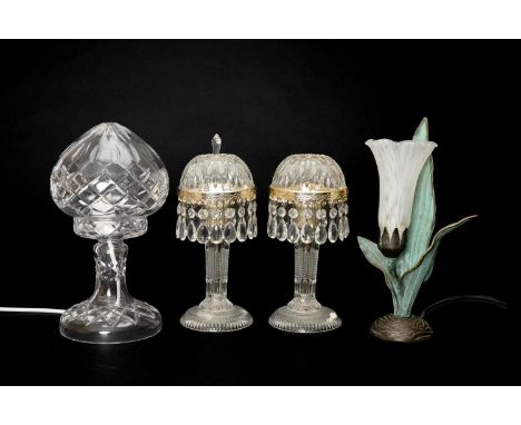 FOUR GLASS TABLE LAMPS, including a cut glass lamp with dome shade, probably Waterford, unmarked, and three others (4)