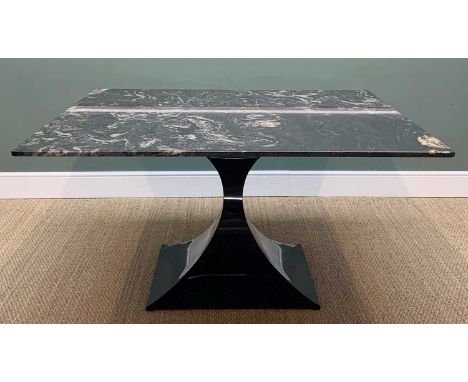 TOM FAULKNER 'CAPRICORN' DINING TABLE, black painted waisted metal support and square polished stone top with quartz inclusio