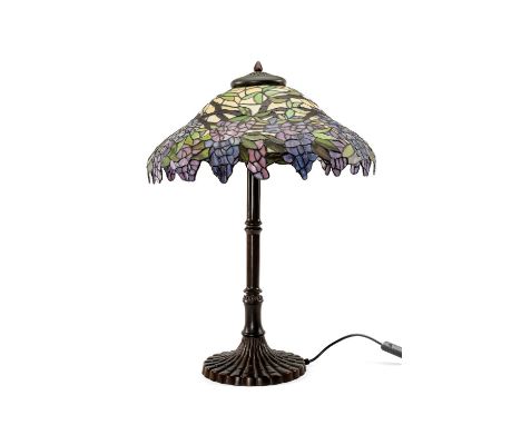 MODERN TIFFANY-STYLE LAMP WITH COLOURED GLASS LAMPSHADE, 76cms h 