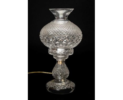 ATTRIBUTED TO WATERFORD: CUT GLASS TABLE LAMP, with glass baluster shade, unmarked, 37cm h