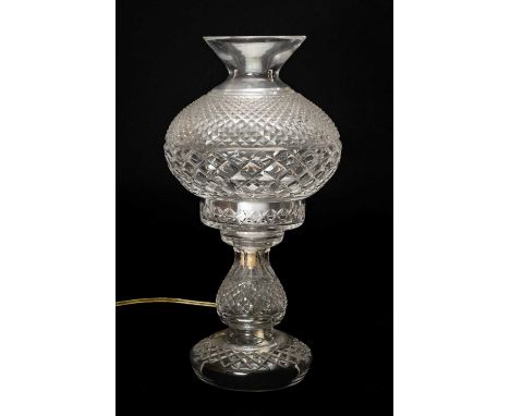 ATTRIBUTED TO WATERFORD: CUT GLASS TABLE LAMP, with glass baluster shade, unmarked, 37cm h