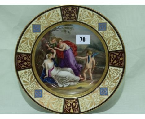 A Circular Vienna Porcelain Cabinet Plate With Centre Painted Panel Of Maidens And Cherub, Under Glazed Beehive Mark, 9 1/2"