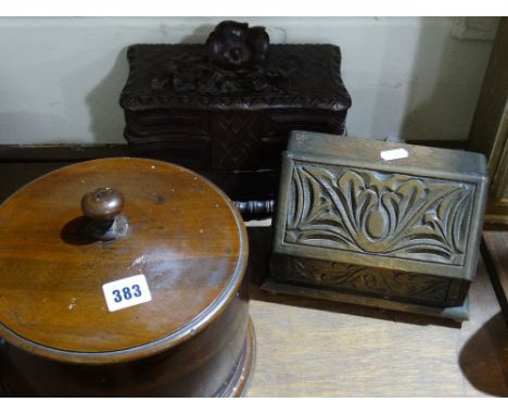 Two Carved Trinket Boxes Together With A Circular Turned Wooden Container