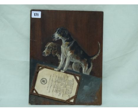 A Painted Wooden Panel Of Two Foxhounds With Framed Hunt Meeting Cards