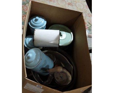A Collection Of Vintage Kitchenalia Including Three Blue Enamel Lidded Containers