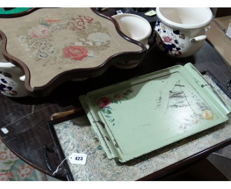An Oriental Silk Work Panel Within A Tray Frame Together With A Pole-screen Wool-work Panel Etc