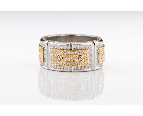 A platinum diamond eternity ring The stylised band of key design pavé set with diamonds, with relief 18ct yellow gold diamond