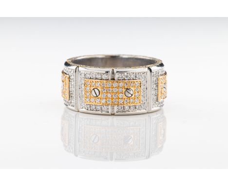 A platinum diamond eternity ring The stylised band of key design pavé set with diamonds, with relief 18ct yellow gold diamond