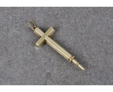 A 9ct gold novelty propelling pencil in the form of an engine turned cross pendant, no hallmarks, tests as 9ct gold, overall 