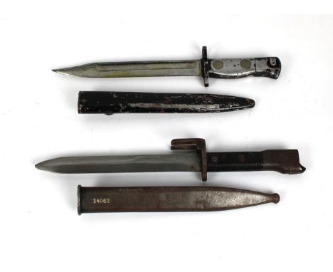 An Argentine - FAL type A Bayonet and scabbard with plastic grip, 7 5/8in. blade, matching numbers 34062, together with a Bri