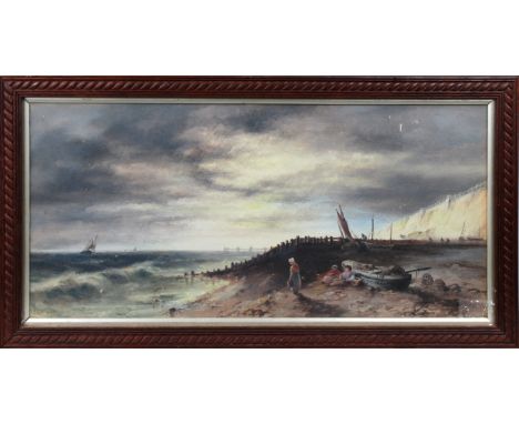 Sarah Louisa Kilpack (British, 1839-1909) Fisherfolk at rest on a beach, oil on board, signed lower left, 9 x 20 inches (23cm