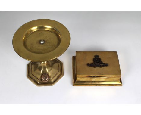 Trench Art - Royal Artillery box and pedestal dish box of rectangular form, the lid with applied Royal Artillery badge, openi