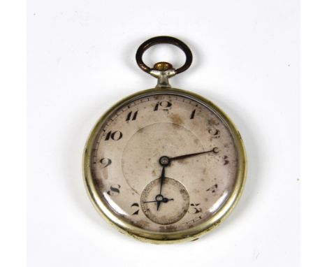 An antique silver / white metal open face pocket watch c.1900, silvered dial, Arabic numerals, subsidiary seconds dial.