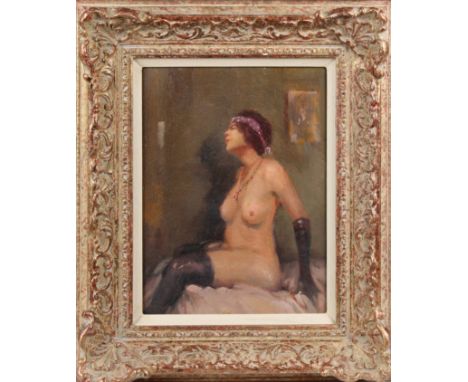 Ken Moroney (British, b.1949) Seated nude in tights and gloves, oil on board, signed lower left, 10 1/16 x 7 11/16in. (25.5 x