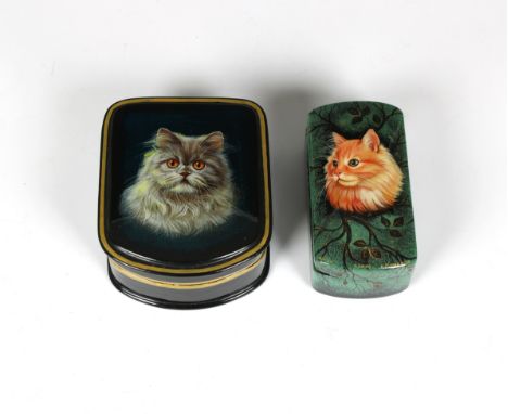 Two late 20th century Russian lacquered boxes (cats) each of rectangular form with rounded corners, the smaller with hinged c