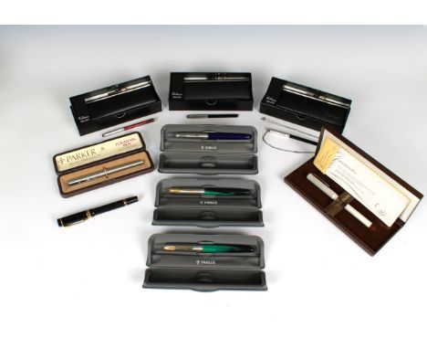 A large collection of various vintage pens to include three boxed Waldmann Christa sterling silver pens with leather purses, 