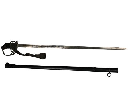 A Prussian Model 1889 German Imperial Officer's Sword 80cm. fullered blade etched and engraved with battle scene and inscribe