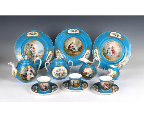 A Sèvres style part dinner / tea service probably late 19th / early 20th century, blue interlaced L marks, hand painted with 