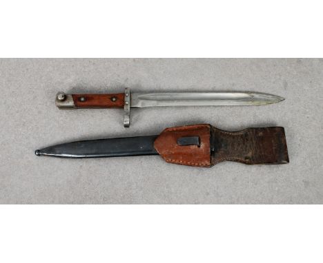 An Austrian 1895 pattern Mannlicher bayonet 24cm fullered blade, stamped CE over WG, metal scabbard and leather frog. * Good 