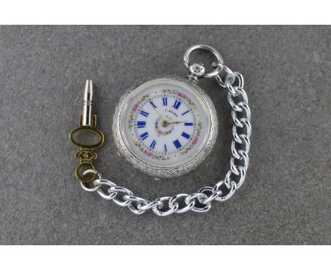 A Victorian silver cased ladies open faced fob watch hallmarked London 1886, the floral decorated, white enamel dial with blu