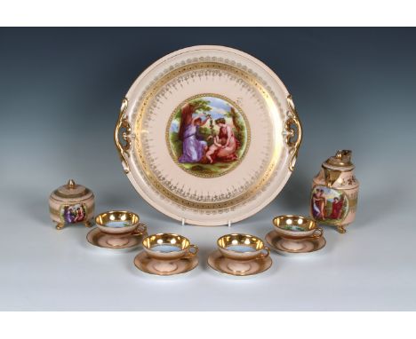 Haas and Czevek, Schlaggenwald, Bavarian porcelain cabaret set hand painted with Angelica Kaufmann neoclassical figures in ga