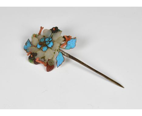 A Chinese gilt metal, hardstone, coral and kingfisher feather hair pin Qing Dynasty, in the form of a large flower with carve