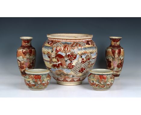 A Japanese Satsuma earthenware large planter the exterior hand painted in raised enamels and gilded with four panels / reserv