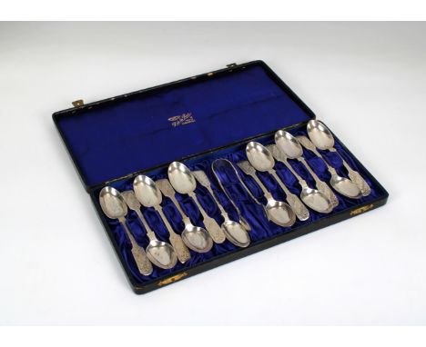 A cased set of twelve silver bright cut fiddle pattern teaspoons and tongs John Round &amp; Son Ltd, Sheffield,1906, weight 8