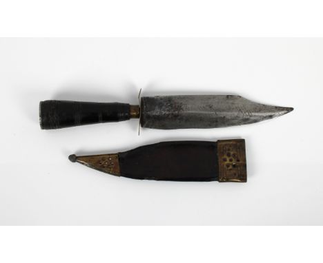 An unusual knife with turned handle with attached 1882 Spanish 2 Pesetas silver coin to end, 15cm. single edge blade, metal m