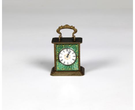 A good French miniature enamelled mantel clock late 19th century, signed Brevet to base, with scrolled gilt cast handle to to