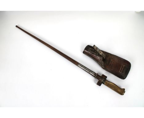French 1886 pattern Lebel bayonet with brass grip, stamped FK42644, 52cm cruciform blade, scabbard and leather frog. * Scabba