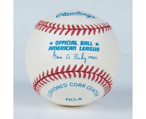 This is an official American League baseball signed in blue ink by Hall of Famer Joe DiMaggio. Certificate of Authenticity fr