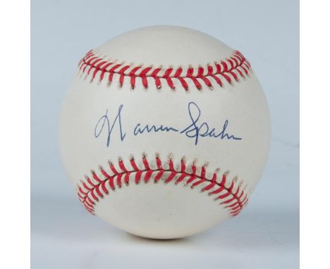 This is an official National League baseball signed in blue ink by Hall of Famer Warren Spahn. Certificate of Authenticity fr