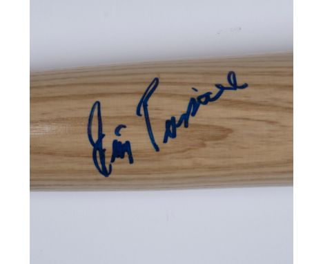 This is a wooden Adirondack bat personal model signed by Jimmy Piersall. This item comes in a protective tube that measure 36