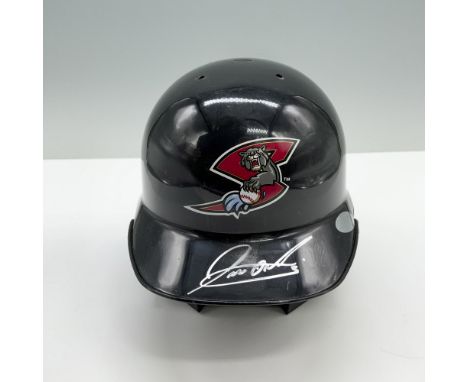 A black helmet with the Sacramento Rivercats logo, autographed by Jose Ortiz in silver ink. Jose Ortiz signature. Authenticit