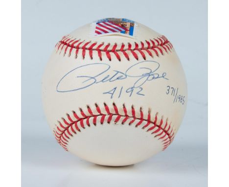 This is an official National League baseball signed in blue ink by Pete Rose with postmarked US Postal stamp. This item comes