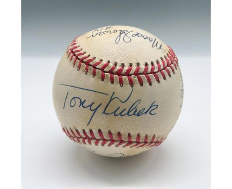 This official AL baseball is signed by Clete Boyer, Tony Kubek, Bobby Richardson, and Bill Skowron. This item comes in an acr