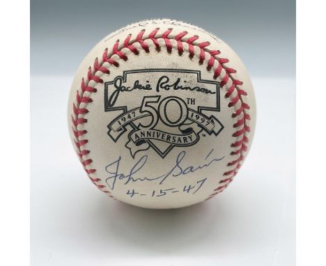 This official NL commemorative Jackie Robinson baseball is signed by Johnny Sain. Certificate of Authenticity from B&amp;J Co
