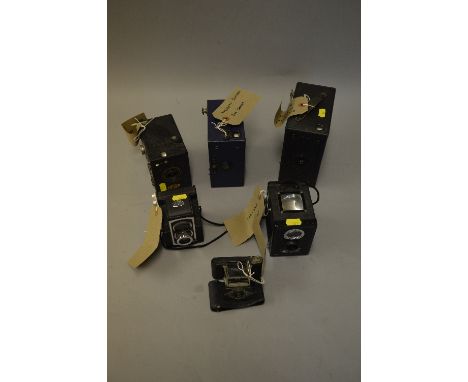 A BOX OF BOXED AND FOLDING CAMERAS BY ENSIGN, (Houghton-Butcher, London), to include a 'Twenty' box camera, an E29 with a blu