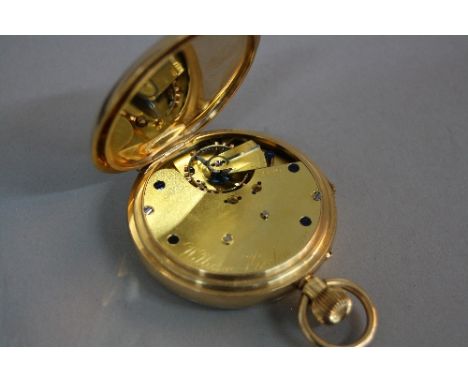 AN 18CT GOLD OPEN FACED POCKET WATCH, 3/4 plate gilded movement keywind/pin set with stop slide to case band, white enamel tw