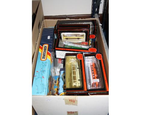 A COLLECTION OF TWELVE BOXED DIECAST TRUCKS, BUSES AND A ROAD REPAIR SET, scale 1:76, models include Matchbox and EFE, includ