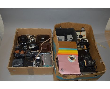 TWO BOXES OF CAMERAS AND EQUIPMENT, to include various Polaroid cameras, an Olympus Trip, Yashica, Ilford etc