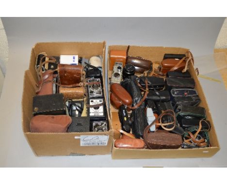 TWO BOXES OF CAMERA EQUIPMENT, to include Zeiss Ikon, Voigtlander 1000SR, Coronet, DEP box, Conway, a box of cameras, folding
