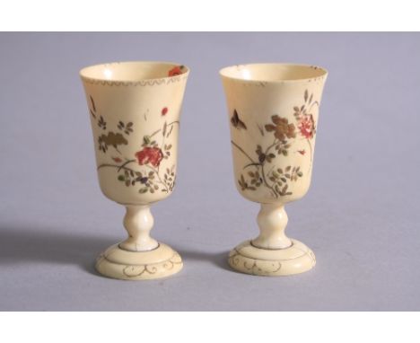 A PAIR OF JAPANESE IVORY SHIBAYAMA GOBLETS, butterfly and foliage decoration, approximate height 8cm, with faults and losses 